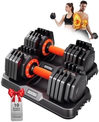 2026 Upgrade Adjustable Dumbbell Set 25lb/50lb, Small Increment in 3-6lb, 1 Hand Quick-Dial, 10-in-1 Adjustable Dumbbells with…