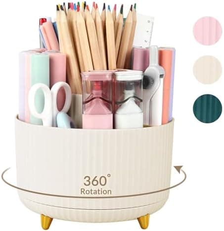 SKYDUE 360 Rotating Plastic Desk Pen Organizer with 5 Slots, Dual-Purpose Art Supply Pencil Cup for Office…