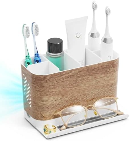 Bathroom Organizers and Storage 6 Slots Wood Grain Electric Toothbrush Holders with Phone Holder and Adjustable Dividers…