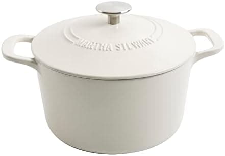 MARTHA STEWART Gatwick 7-Quart Enamel Cast Iron Dutch Oven – Linen Color with Silver Knob – Durable…
