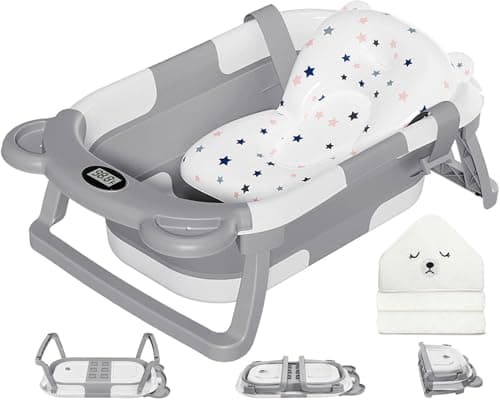 MoreFeel Collapsible Baby Bathtub for Newborn with Thermometer & 1 Hooded Towel & 1 Soft Floating Cushion,Portable Travel Bathtub…