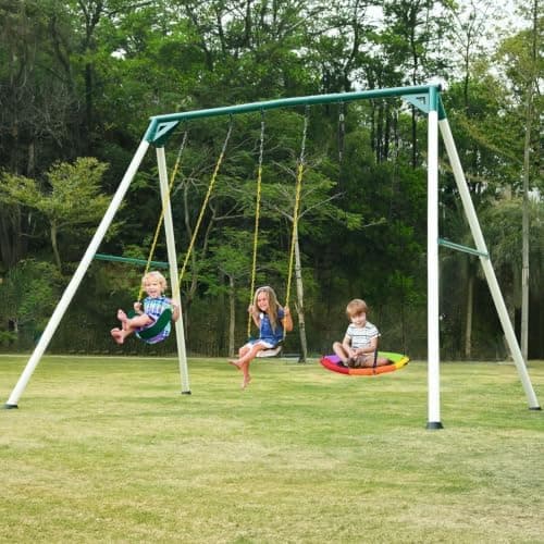 Hapfan 9.5' Heavy Duty Tall Swing Sets for Backyard for Kids and Adults with Saucer Swing, 2 Belt Swings (Patented) Recycled…