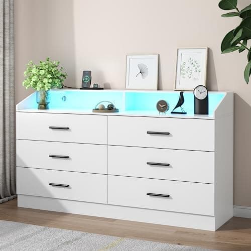 Gyfimoie 6 Drawer Dresser with Power Outlet, Chest of Drawers with LED Light, Modern Dresser with Open Storage Cubby, Double Wide…