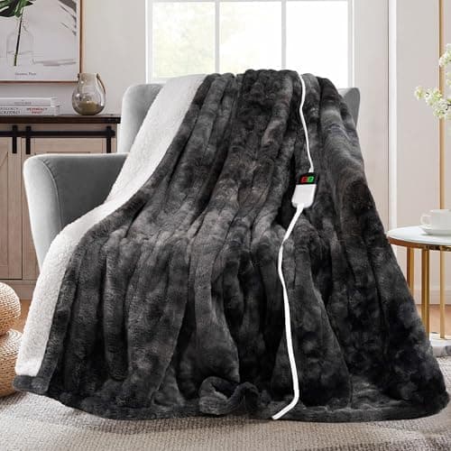 MAXEVE Electric Heated Throw Faux Rabbit Fur Blanket with 8 Heating Levels & 8 Hours Auto Off, Fast Heating Warm Cozy Sherpa…