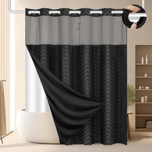 FADOTY No Hook Shower Curtain and Liner Set, Black Snap in Shower Curtain Ringless Chevron Tufted Cloth Waterproof Washable…