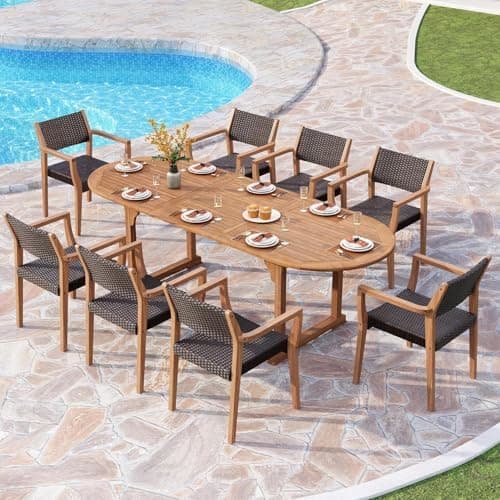 PHI VILLA 9 Pieces Acacia Wood Outdoor Dining Set for 8, Expandable Teak Wooden Table & Chairs…