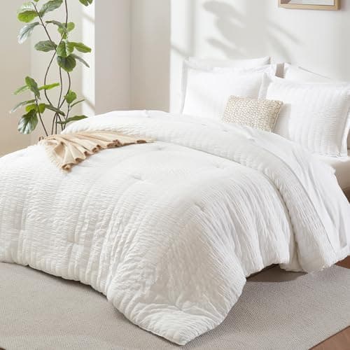 CozyLux Queen Comforter Set White Seersucker 7 Pieces Bed in a Bag Queen Comforter Set with Sheets, Luxury…