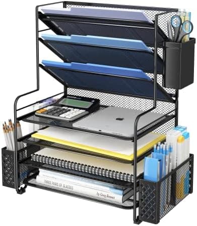 Simple Trending 7 Tier Desk File Organizer, Letter Tray Paper Organizer with Pen Holder and Metal Hanging Basket, Black