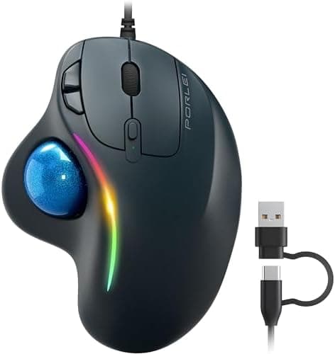 Wired Trackball Mouse with RGB Lighting, Ergonomic Thumb Control to Reduce Muscle Strain, 5 Adjustable DPI, Dual USB-C & USB-A…