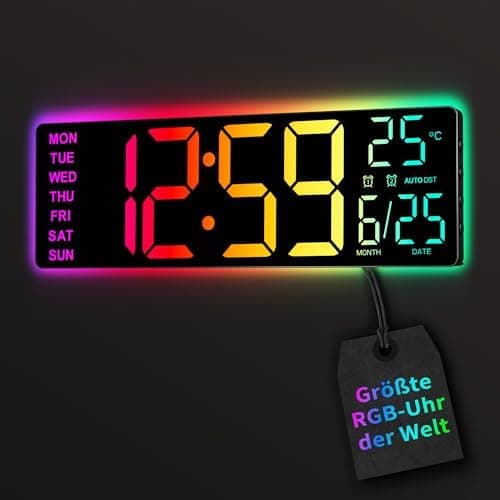EASYERA 16.5" Large Digital Wall Clock with BT Sync, RGB Lights with 11 Scenes Mode Remote Control, Dual Alarms with Big LED…