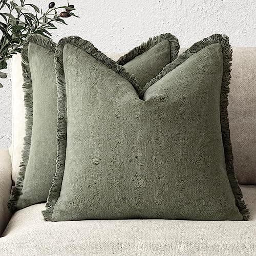 Foindtower Set of 2 Decorative Linen Fringe Throw Pillow Covers Cozy Boho Farmhouse Cushion Cover with…