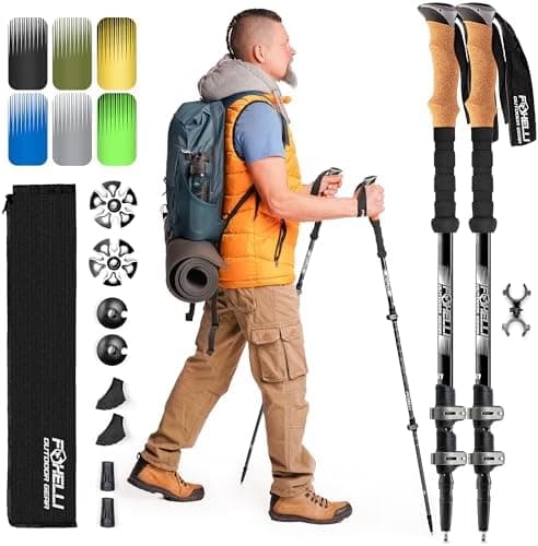 Foxelli Trekking Poles – Lightweight Collapsible Aircraft Grade Aluminum Hiking Poles with Cork Grips Quick Locks & All-Terrain…