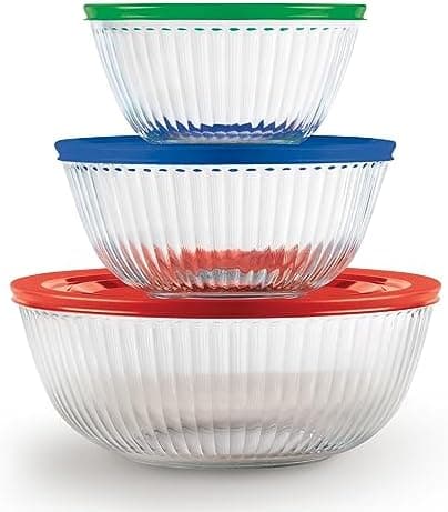 Pyrex Sculpted (3-Pack) Glass Mixing Bowls Set With Plastic Lids For Prepping, Baking and Cooking, Preheated Oven, Dishwasher…