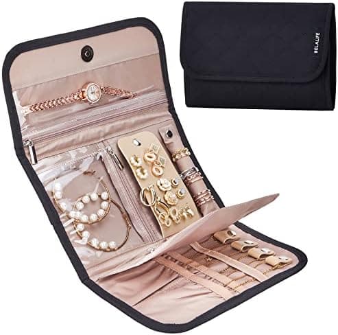BELALIFE BELALIFE Travel Jewelry Case Organizer, Medium Foldable Storage Roll for Earrings, Necklaces, Rings, Bracelets…