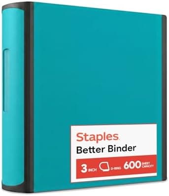 Staples Heavy-Duty 3-Inch D-Ring Binder, Teal – Large Capacity 3-Ring Binder with Pockets, Holds Up…