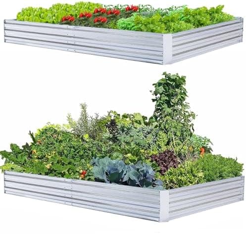 Galvanized Raised Garden Beds 2-Pack (8x4x1ft Each) – Overlapping 4-Inch Panels + 4 Support Bars, Heavy-Duty Metal Planter Box…