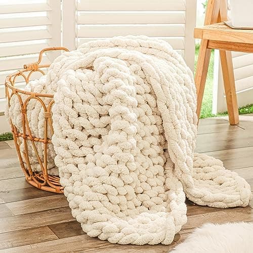Bigacogo Chunky Knit Throw Blanket for Couch, 40x60 inches, 100% Hand Knitted with Thick Jumbo Chenille Yarn, Cozy Soft Large…