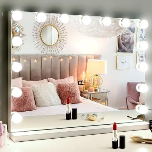 M MIVONDA Hollywood Vanity Mirror with Dimmable 15LED Bulbs Lights 3 Lighting Modes 2in1 Large Lighted Makeup Mirror for Desk and…