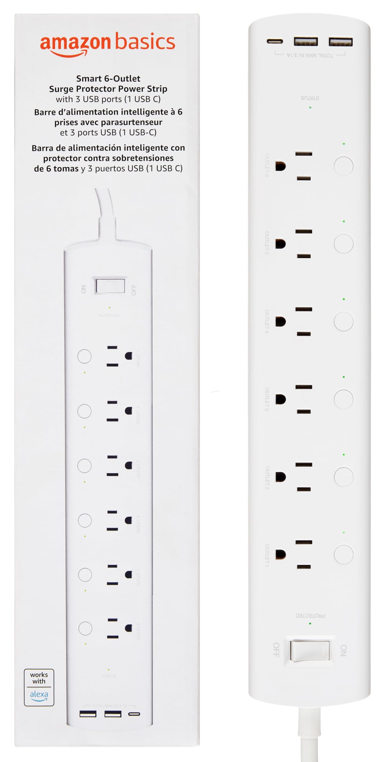 Amazon Basics Smart Plug Power Strip with 6 Individually Controlled Outlets and 3 USB Ports (2 USB-A and 1 USB-C), WiFi, Works…