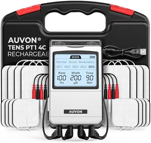 AUVON Rechargeable 4-Channel TENS Unit Muscle Stimulator for Back Pain Relief, Digital TENS Machine with 8 Customizable Modes…