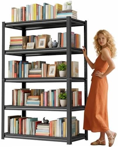 5 Tier Metal Bookshelf, 71"H Adjustable Tall Bookcase, 1500LBS Heavy Duty Deep Book Shelf, Industrial Black…