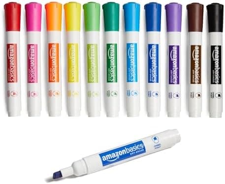 Amazon Basics Dry Erase Whiteboard Markers, Chisel Tip, Low-Odor, Assorted Colors, 12-Pack, Erase Easily