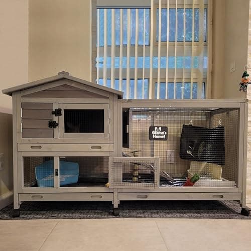 Bunny Cage Indoor and Outdoor Rabbit Hutch with Casters Waterproof Roof, Pull Out Tray from Back and Front 61.2" L x 22.6" W x…