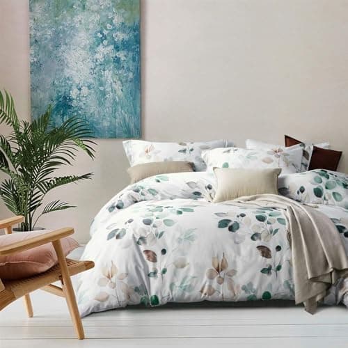 MILDLY Floral Duvet Cover Set - 100% Long-Staple Cotton Gradient Teal Leaves Pattern Comforter Cover 3pcs Soft Breathable Luxury…