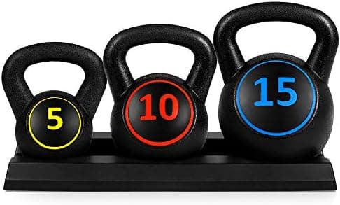 Best Choice Products 3-Piece Kettlebell Set with Storage Rack, HDPE Coated Exercise Fitness Concrete Weights for Home Gym…