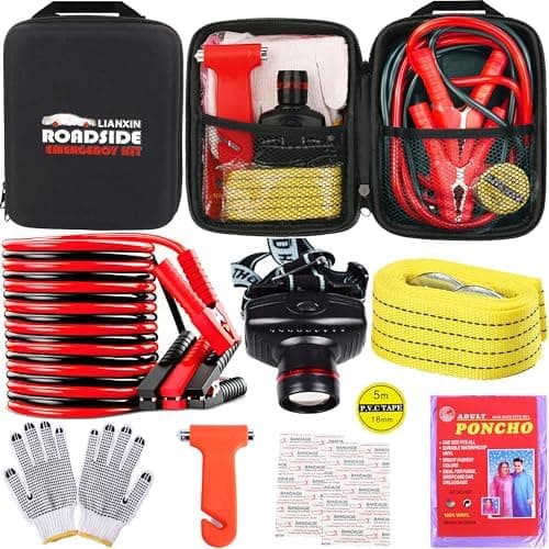 LIANXIN Car Roadside Emergency Kit, with Jumper Cables Automotive Kit,Car Safety Roadside Assistance Kit Headlamp,Tow Straps…