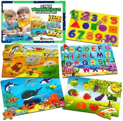 5 Pack Wooden Puzzles for Toddlers 1-3 - Colorful Chunky Wooden Peg Puzzles - Educational Learning Montessori Toys - Toddler…