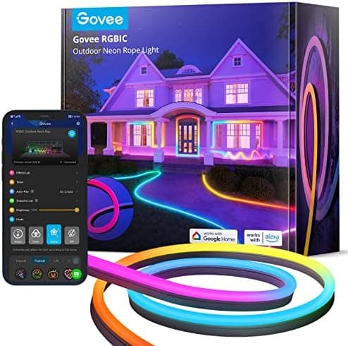 Govee Outdoor Neon Rope Lights, 32.8ft RGBIC IP67 Waterproof Patio Decorations with 64 Scene Modes, Music…
