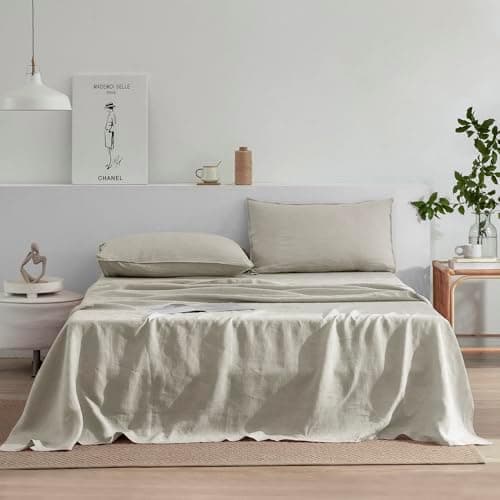 EVERLY Linen Sheets Set Queen Size, 100% French Stonewash Pure Linen, 4 Pieces (1 Flat Sheet, 1 Fitted Sheet, 2 Pillowcases)…