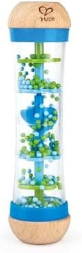 Hape Beaded Raindrops | Mini Wooden Musical Shake & Rattle Rainmaker Toy, Blue, Model Number: E0328B
