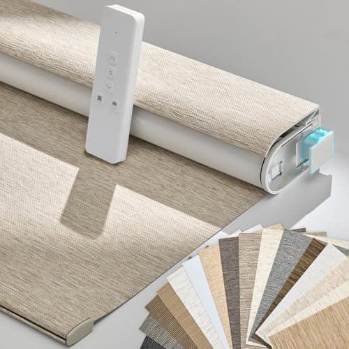 Persilux Smart Motorized Blinds with Remote, No Drill Automatic Roller Shades for Indoor Windows, Blackout Linen Fabric, Electric…