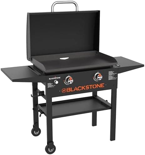 BLACKSTONE 1883 Original 28” Griddle with Integrated Protective Hood and Counter Height Side Shelves, Powder Coated Steel, Black