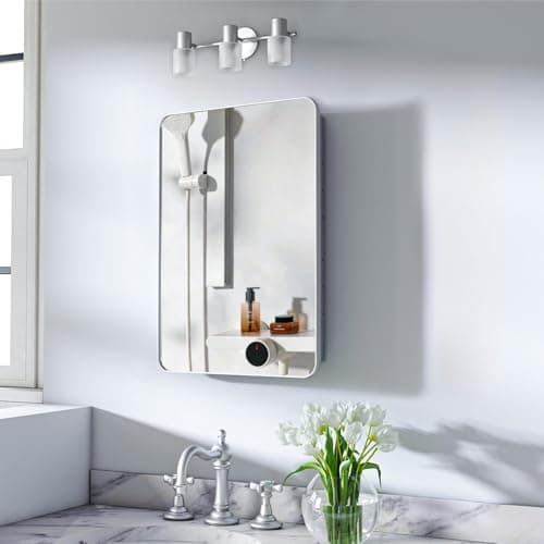 Silver Medicine Cabinet with Mirror, 16x24 Fully Assembled Recessed or Surface Mount Bathroom Medicine Cabinet, Metal Mirrored…