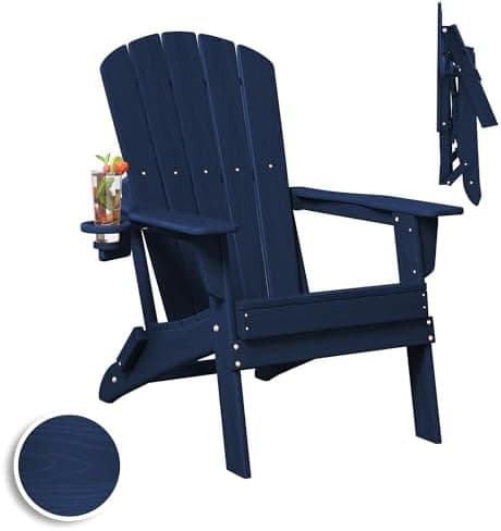 Plawdlik Folding Adirondack Chair, SGS Tested, Wooden Textured with Cup Holder, Heavy All-Weather HDPE Comfortable Set Poolside…