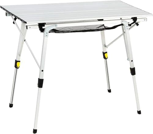 Portal Outdoor Folding Portable Picnic Camping Table with Adjustable Height Aluminum Roll Up Table Top Mesh Layer, Silver Global…
