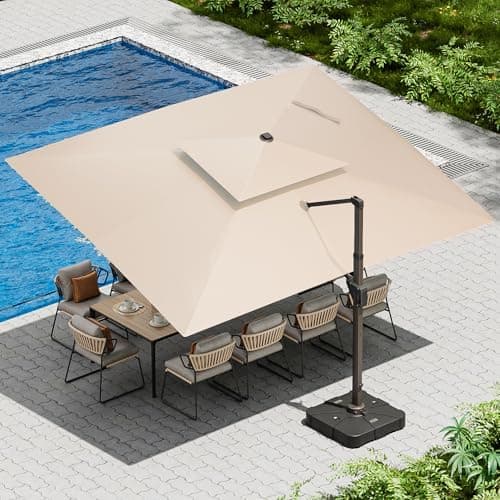 10 X 13 FT Cantilever Patio Umbrella with Led Lights and Base Included Outdoor Heavy Duty Double Top Rectangle Offset Umbrellas…