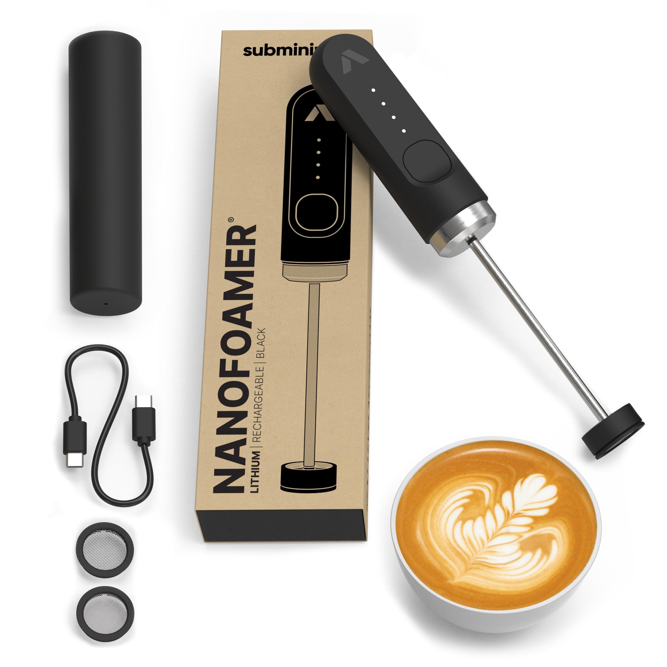 Subminimal NanoFoamer Lithium Performance Milk Foamer | USB-C Rechargeable, IP4 Waterproof, Dual-Speed, Stainless Steel | Premium…