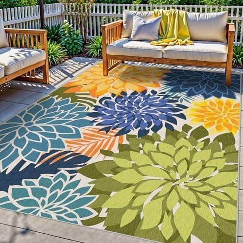 Colorful 5x8 Outdoor Area Rug Washable Multicolored Patio Rug Tropical Botanical Floral Chenille Waterproof Outdoor Carpet for…