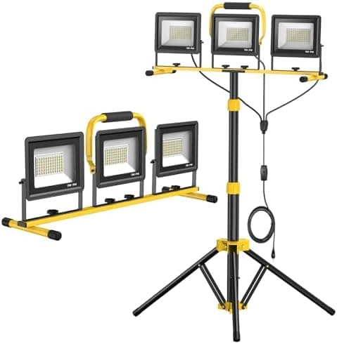 Upgraded LED Work Lights with Stand, 21000 Lumen, 3-Head Adjustable Work Light, Waterproof Foldable Tripod, Extended Cord for…