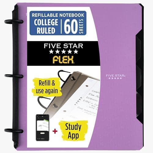 Five Star Flex Refillable Notebook + Study App 1 Inch O-Rings Binder with Pockets Tabs and Dividers, 220 Sheet Capacity, Includes…