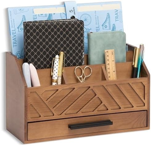 dreampossible Brown Wood Desk Organizer and Accessories with Drawer, Bill Mail Organizer and File Mail Holder for Office…
