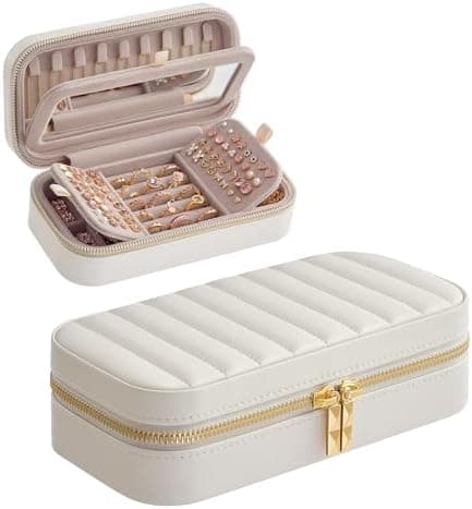 SONGMICS HOME SONGMICS HOME Travel Jewelry Case, Travel Jewelry Box Organizer with Mirror, 4.1 x 8 x 2.4 Inches, Stitching…