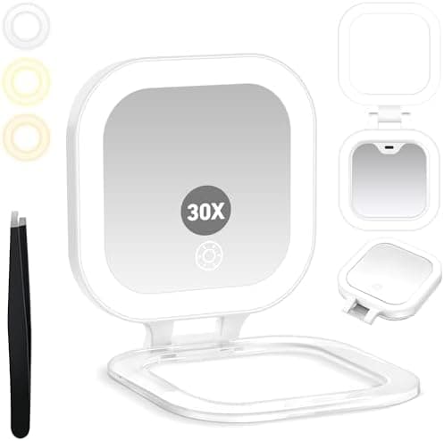 GOMIPURU Travel Mirror with Light, Compact Mirrors, 1x/30x Magnifying Mirror with 3 Color Lights and Adjustable Brightness…