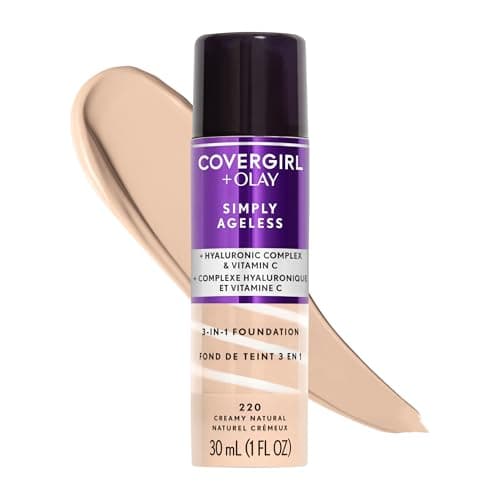 COVERGIRL & Olay Simply Ageless 3-in-1 Liquid Foundation, Matte Finish, Hyaluronic & Vitamin C Formula, 220 Creamy Natural, 1…