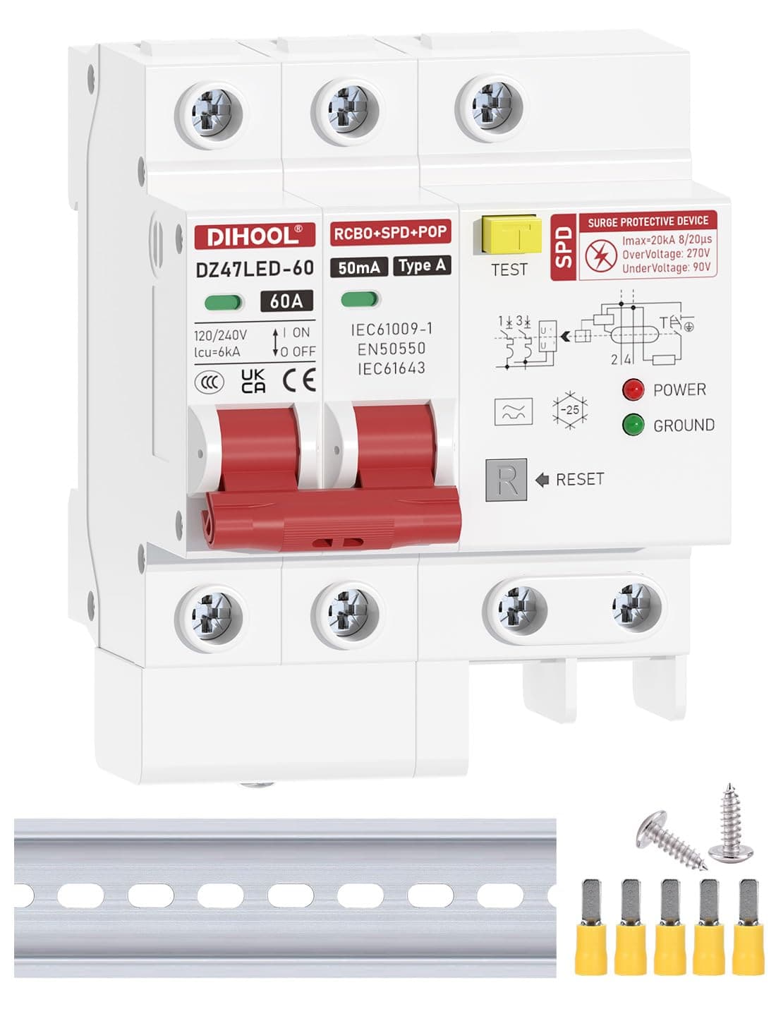 DIHOOL 60 Amp GFCI Breaker with Surge Protector, 60A Ground Fault Circuit Interrupter, Smart Circuit Breaker