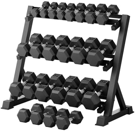 RitFit Rubber Coated Hex Dumbbell Set with Rack, 5-780LB for Home Gym Strength Training, Anti-Slip Knurled Handle, Hexagon…